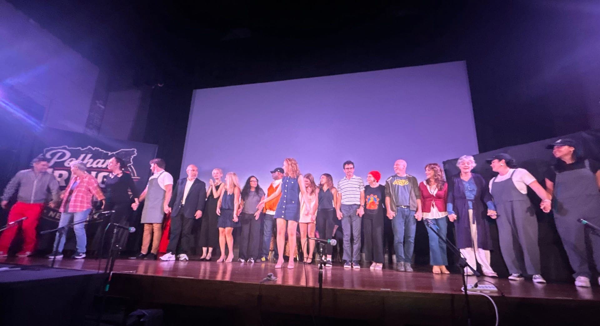 A long line of performers standing hand in hand across the stage for the curtain call.